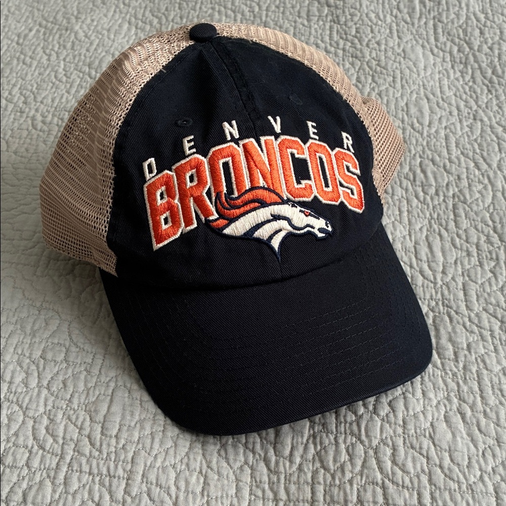 NFL Team Apparel Navy & Tan Denver Broncos Football Trucker Hat Adjustable